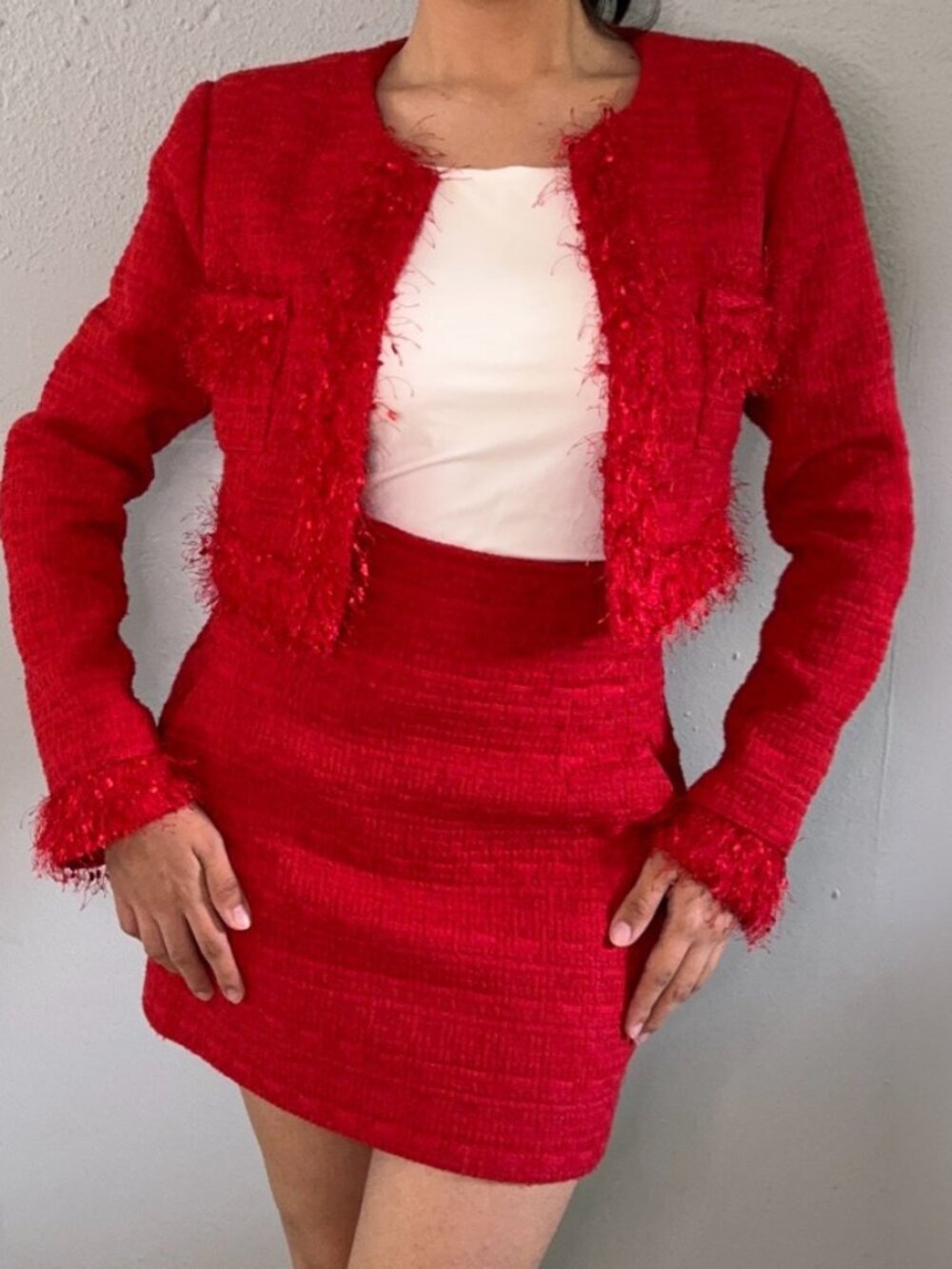 Endless Rose Red Tweed Cropped Blazer Mini Skirt Set NWT Size XS